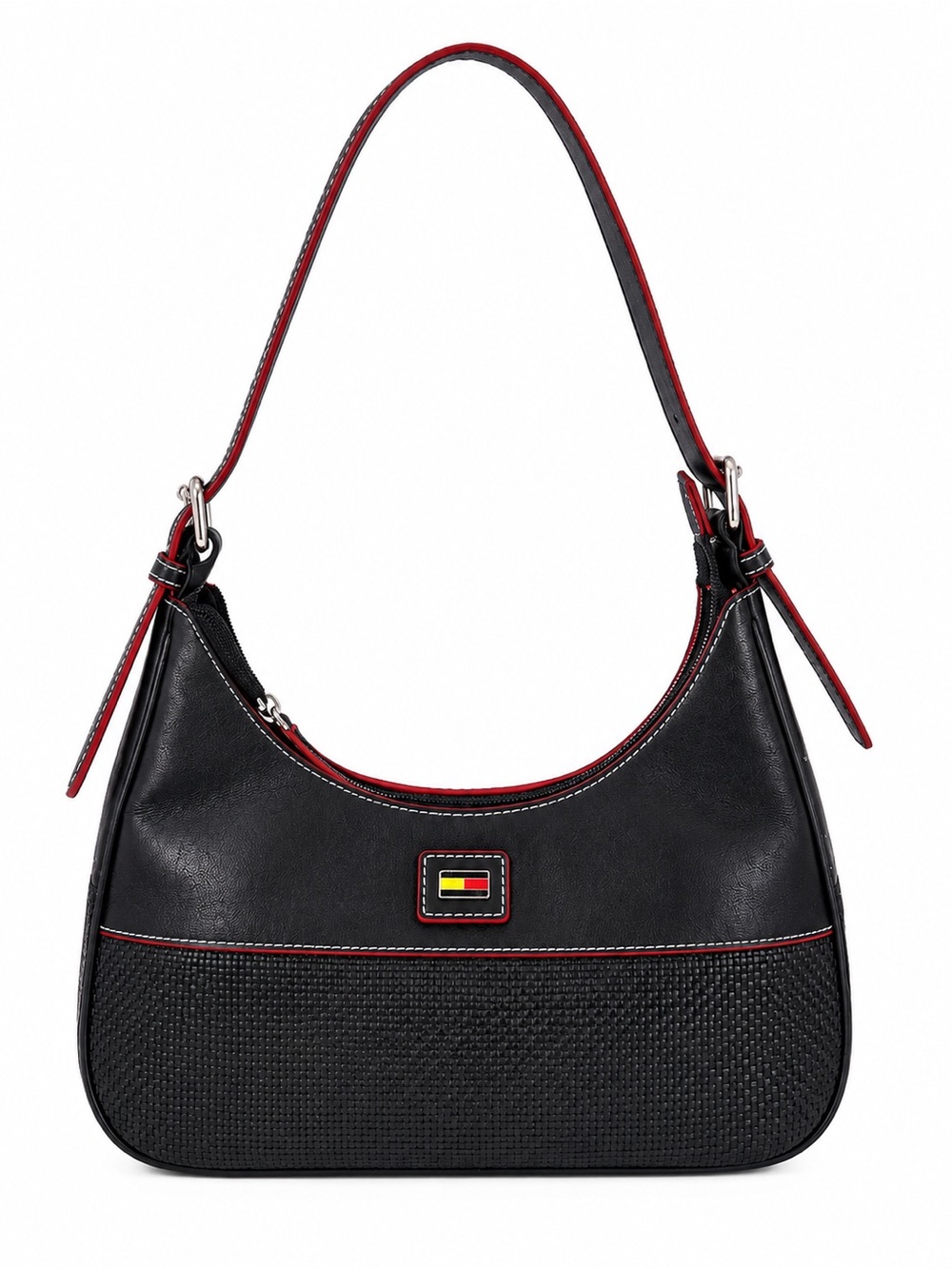 Vintage Y2K Tommy Hilfiger Black Shoulder Baguette Bag Red Trim Logo Purse - Picture 2 of 11